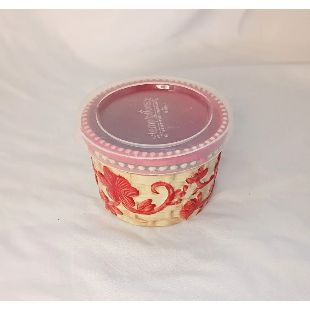 Temptations Floral Lace Ramekin with Lid 6oz Cranberry Red Basket Weave
